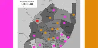 Mapa das juntas de freguesia de Lisboa pintado a rosa e laranja